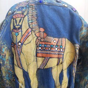 Hand Painted Denim Jacket Horse NYC 80s Vintage XL